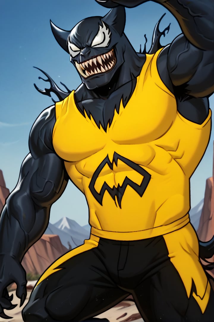 score_9,score_8_up,score_7_up, solo, 1man, venom, wearing wolverine yellow uniform, wolverine yellow mask, wolverine claws, large tonge, rating_questionable,megaPals