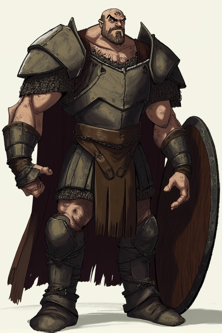 animation, a man, tall, sadistic personality, massive shoulders, muscled, bodybuilder, arms like trunks, gray and brown eyes, weighs over thirty stone, heavy steel plate armour, dull grey in color, battle scarred below the plate, chainmail and boiled leather, massive oakenshield rimmed with black iron, joinTheEvolution