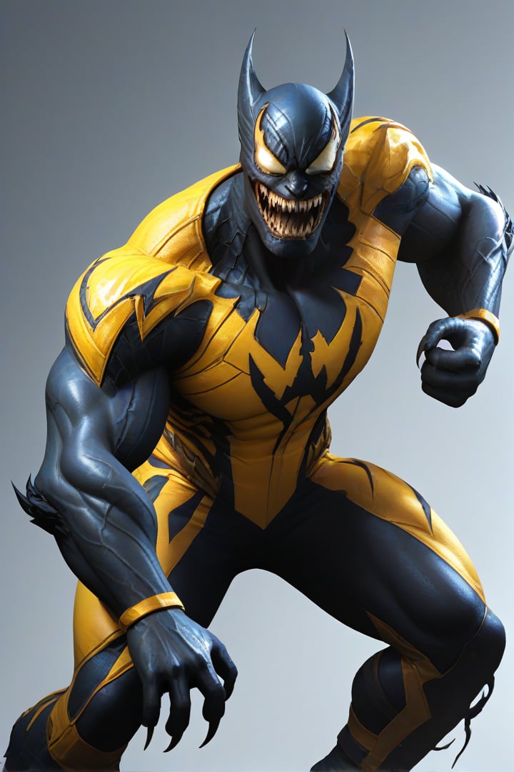 score_9,score_8_up,score_7_up, solo, 3D fighting videogame render, 1man, venom, wearing wolverine yellow uniform, wolverine yellow mask, wolverine claws, source_marvel, source_DC, rating_safe, withoutLaw,more detail XL