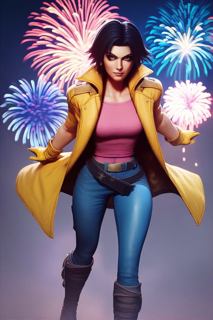 score_9,score_8_up,score_7_up, solo, 1girl, 18 y.o, very short hair, black hair, brown eyes, simple pink shirt, open yellow coat, blue short pants, black belt, yellow gloves, blue long boots, purple shades on head, fireworks in the background, rating_safe, withoutLaw