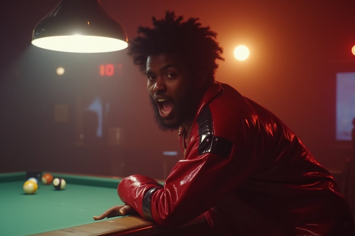 analog photo, a young man, african, dark skin, messy short hair, black hair, intense and energetic expression, screaming, open mouth, confidence, dynamic pose, looking at viewer, wearing a shiny retro red jacket with metallic shoulder accents, standing next to a pool table, with one hand gripping the edge of the pool table, dimly lit pool hall in the background, the lighting softly illuminating the background with a smoky haze, moody atmosphere, dim overhead lights casting soft shadows over the scene, fade film, 100mm photo, grainy, vintage, stained, highly detailed, 100NewMemories