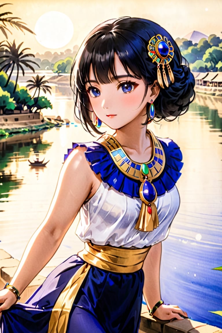 Japanese ink painting,  1woman, cleopatra, (by the Nile: 1.3), (wearing silky skirts: 1.3), (traditional egyptian jewerly: 1.3), nile riverbank setting, Bokeh, depth of field,DMVC_2