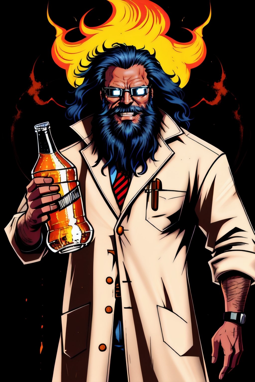 inked, comic style, lineart, solo, a middle-age man, messy hair, very long beard, ragged white science coat stained with soda residue and chemical elements, googles, deep looking, crazy smiling, genious, evil, holding a soda bottle, uhd, absurdres, dynamic lighting, dynamic pose, illustration, drawn style,HQ,hyperanim