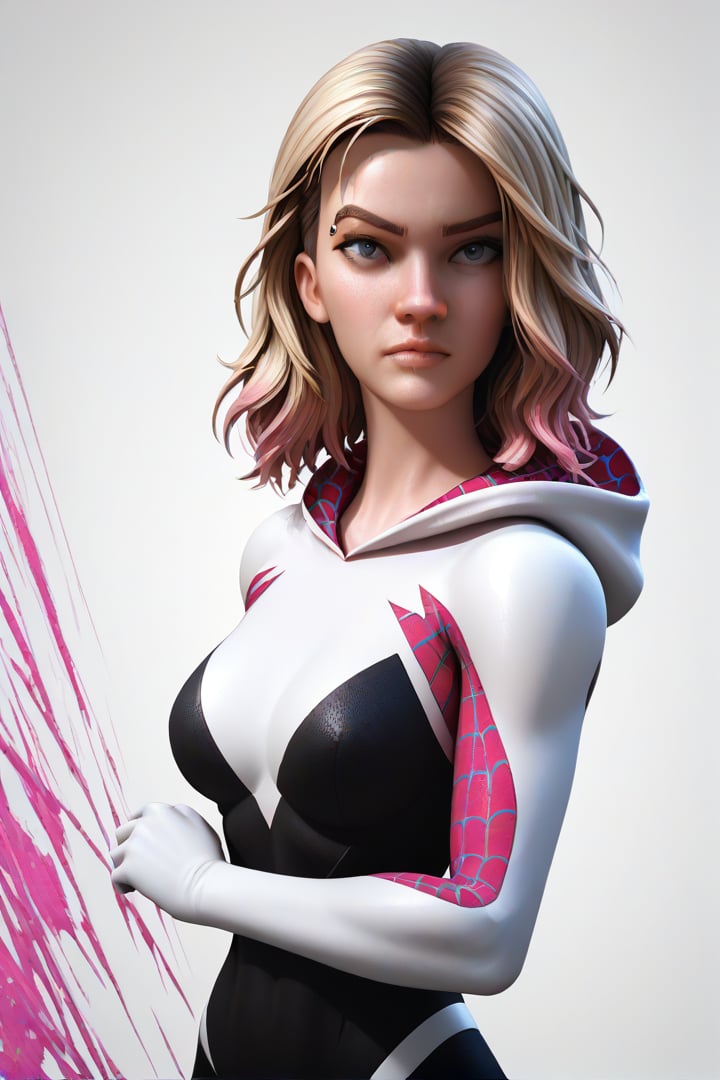 score_9,score_8_up,score_7_up, 3D fighting videogame render, 1girl, Spider Gwen, pink ornaments, glitch background, source_DC,  rating_safe, withoutLaw,more detail XL