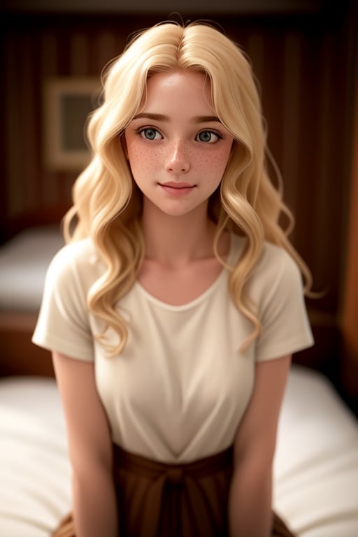 cinematic film still, 1woman, blonde hair, wavy long hair, freckless, petite, blushed, excited, wearing a simple t-shirt without logo, simple cozy Art nouveau bedroom, shallow depth of field, vignette, highly detailed, high budget, bokeh, cinemascope, moody, epic, gorgeous, film grain, grainy