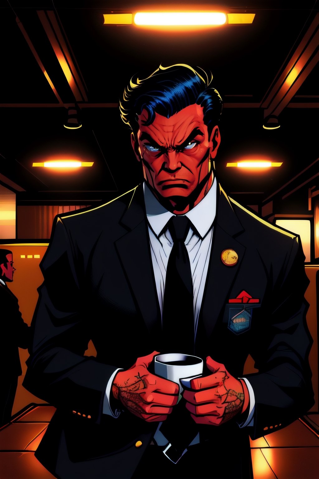 inked, comic style, lineart, solo, a businessman, wearing a black suit, holding a coffe cup, mad looking, uhd, absurdres, dynamic lighting, dynamic pose, illustration, drawn style,HQ,hyperanim