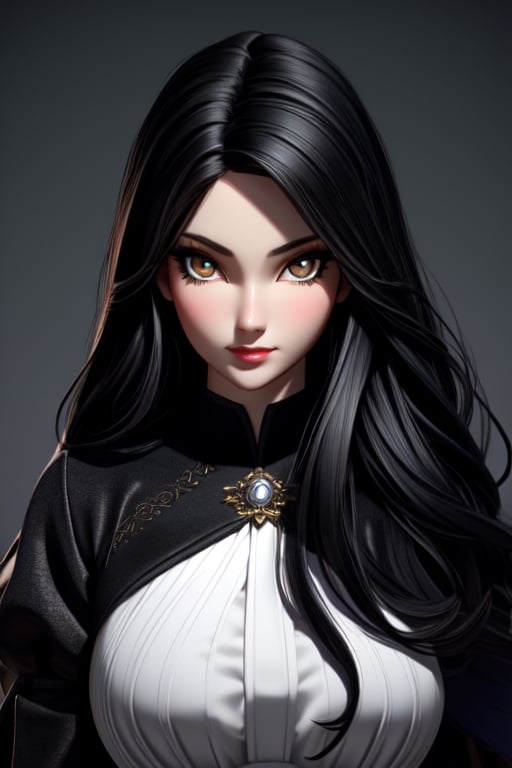 (best quality: 1.2), (masterpiece: 1.2), (realistic: 1.2), 1girl,  extremely delicate and beautiful, raven black hair, (amber eyes), portrait, pale skin, large breasts, intricate black and silver high-neck dress, very long (styled hair), (dark fantasy), cute big circular reflective eyes, (caricature: 0.2), on eye level, scenic, masterpiece,3DMM