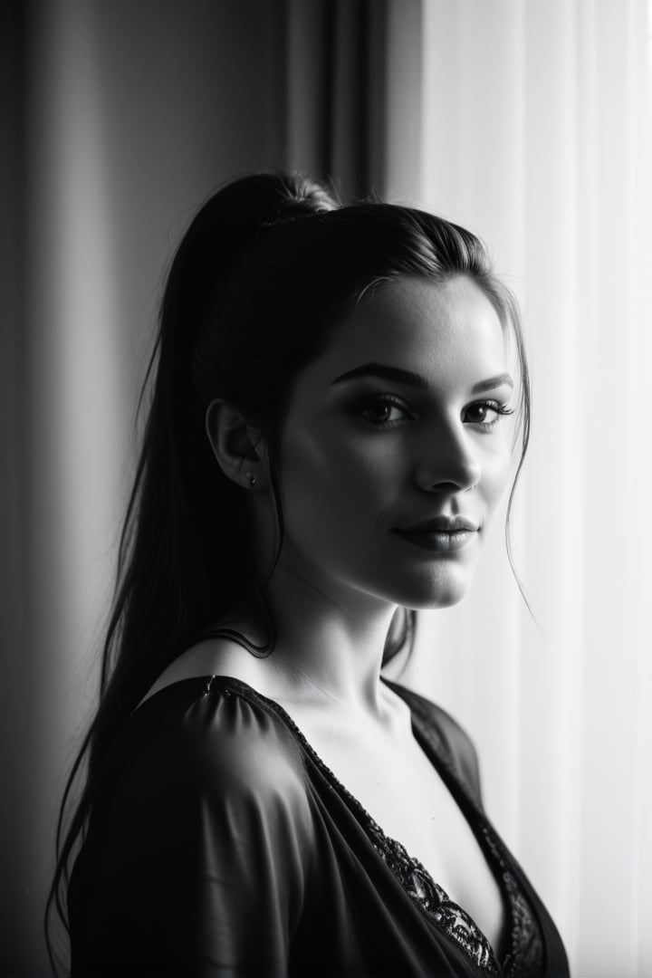 score_9,score_8_up,score_7_up, analog photo, cinematic photo, portrait, solo, 1woman, natural beauty, delicate featured face, deep looking, realitic eyes, long ponytail hairstyle, wearing a beautiful black Simri dress, (high detailed skin, pores: 1.2), simple background with curtains, looking at viewer, studio lighting, realistic shadows, hyper-realistic, realistic,  rating_safe, black & white, grayscale color scheme, no_color, colorless, 400 film, 400OldMemories,night,source_real