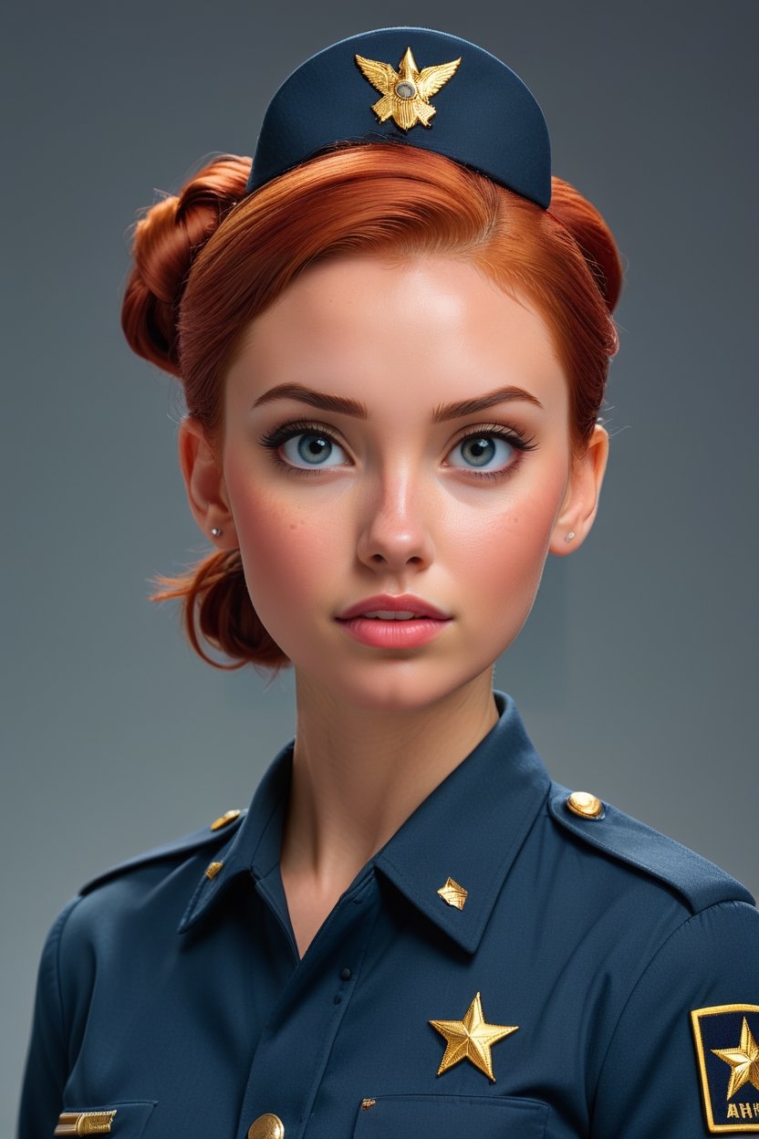 US army photo, raw photo, photoshoot model, A young woman, red hair, hair in bun, dressed as us army uniform, blue army uniform, simple gray background, (high detailed skin:1.2), with soft, warm light coming from the left, with a telephoto lens, from a high angle and far distance, with a shallow depth of field, a high exposure, a low contrast and a high saturation,<lora:659095807385103906:1.0>