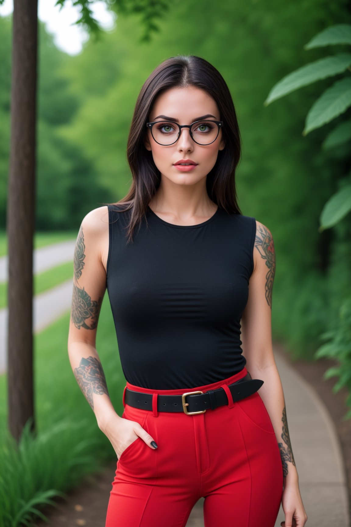 raw photo, photoshoot model, A young woman with green eyes, long, 35 y.o, straight, dark hair, standing outdoors with nothing obstructing her face, except for some modern glasses, wearing a black top and red pants with a belt, and with a visible tattoo on her left arm. Delicate featured face. Thin and defined eyebrows. The background is of vegetation and trees, (high detailed skin:1.2), with soft, warm light coming from the left, with a telephoto lens, from a high angle and far distance, with a shallow depth of field, a high exposure, a low contrast and a high saturation,<lora:659095807385103906:1.0>