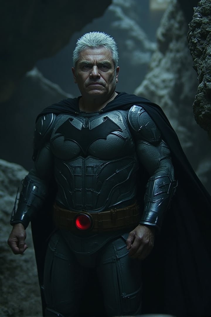 a 67 years sophisticated old man with silver hair, muscled, wearing a dark grey aromored tactical suit featuring a bat symbol on his chest with a red circle behind the bat logo, flowing black cape, He stands with a grim expression in a cave filled with jagged rocks and deep shadows, The light from the moon barely illuminates his surroundings, casting dramatic shadows across his face and armor, His strong, chiseled features and intense gaze show years of fighting and hardship, The atmosphere is tense and dark, evoking the feeling of a lone vigilante preparing for the next battle, oldCoolNiko