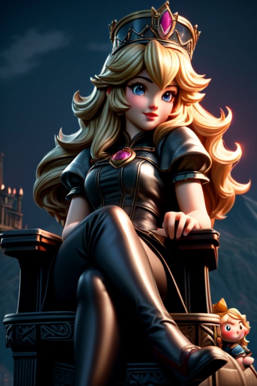 (best quality: 1.2), (masterpiece: 1.2), (realistic: 1.2), 1girl, princess peach sitting on the dark iron throne, cute big circular reflective eyes, (caricature: 0.2), on eye level, scenic, masterpiece,3DMM