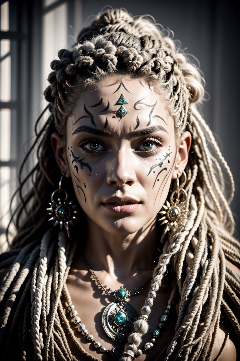 Photorealism Style, RAW photo, beautiful female warrior with grey hair, dreadlocks, shaman necklaces, with white face paint, (high detailed skin: 1.2), 8K, UHD, DSLR, soft lighting, high quality, film grain,FUJI,centerfold,NoirStyle