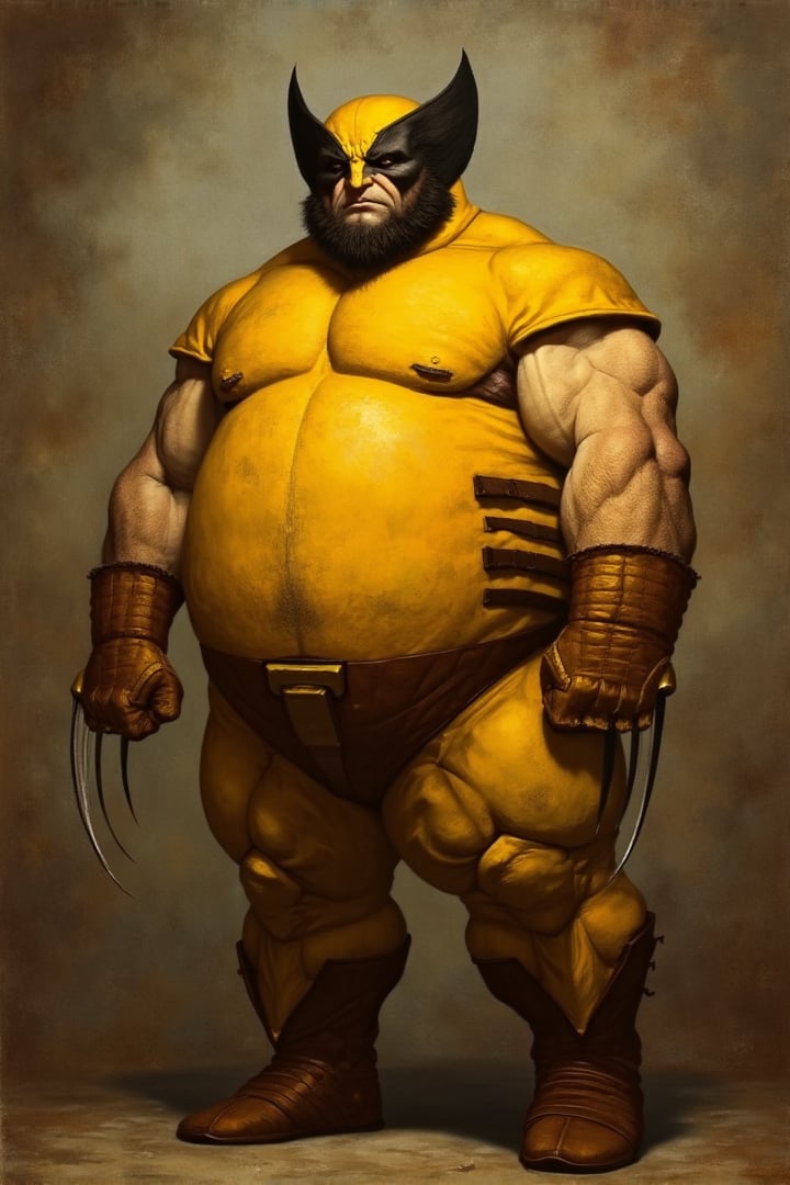 oil painting, a man, fat, obese, dressed as wolverine from x-men in the yellow suit, newhorrorfantasy_style, oil on canvas