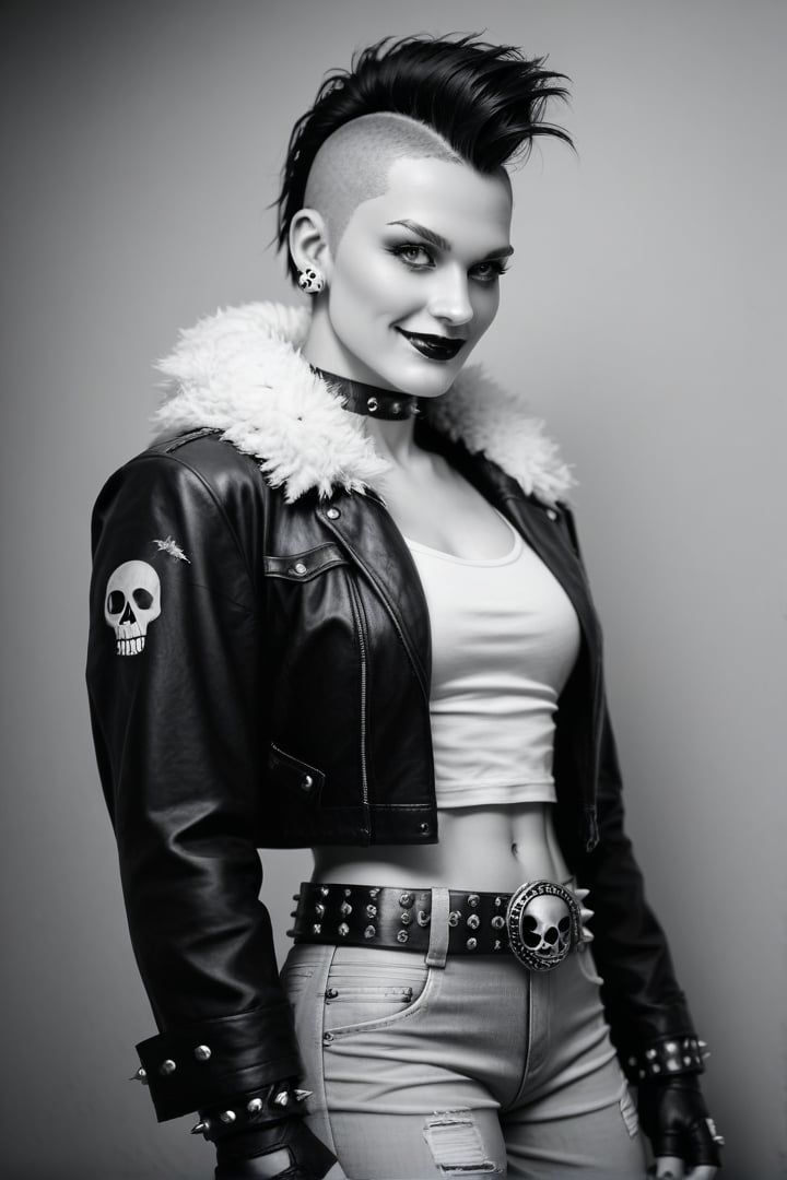 score_9,score_8_up,score_7_up, analog photo, solo, 1girl, very young girl, pretty face, pale white skin, muscled, mohawk, black hair, black lipstick, black eye shadow, punk earrings, (light gray top: 1.3), (black fingerless gloves: 1.2), (black cropped jacket: 1.5), (white fur trim: 1.2), spiked bracelet, spiked choker, (light gray leather pants: 1.3), (black & white, grayscale color scheme: 1.3), knee pads skull shaped, studded belt, black thigh boots,  fight stance, cute smiling,  space  cantina movie scene in the background, indoors, rating_questionable, 400OldMemories