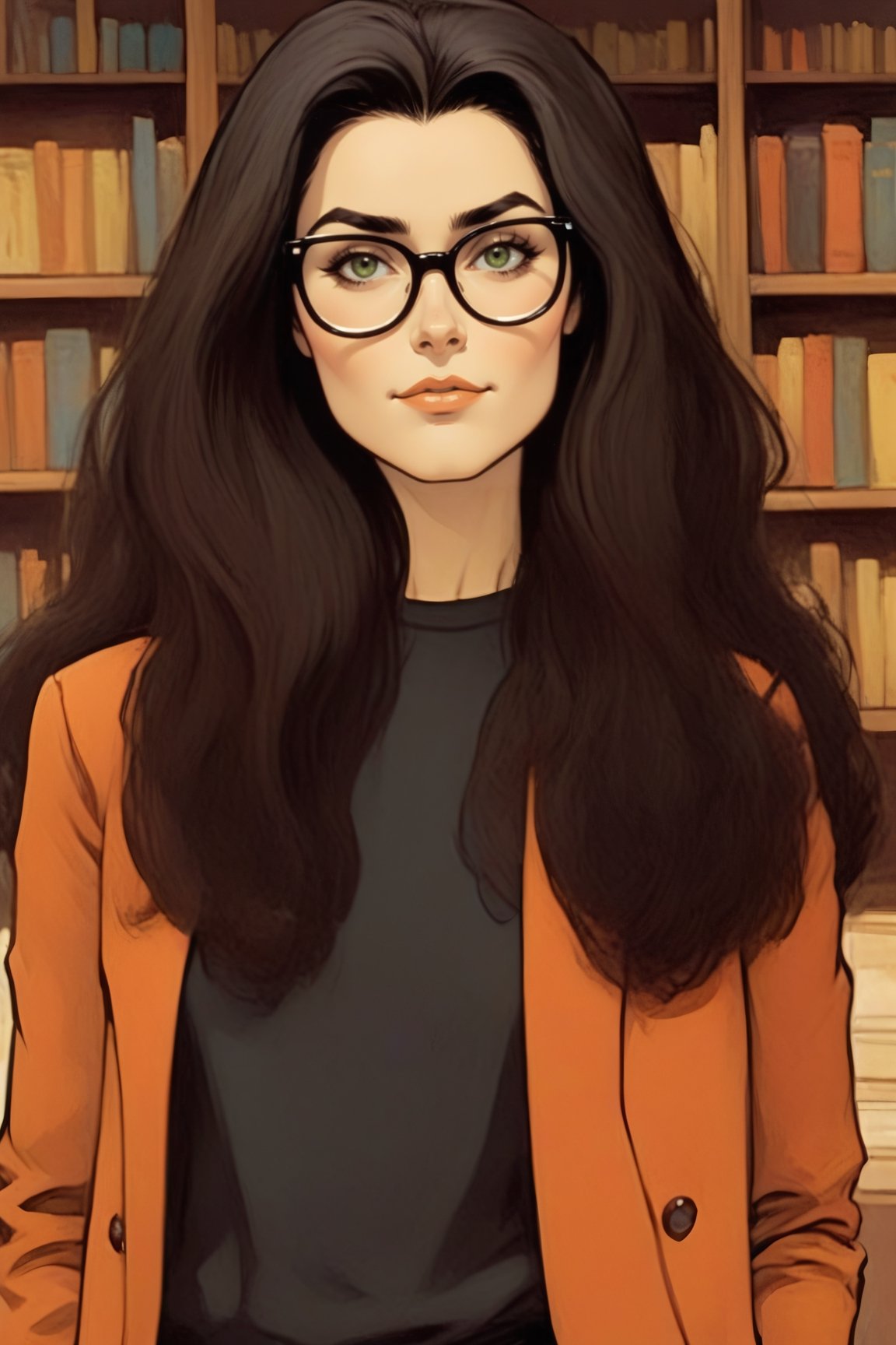 vintage comic book illustration, a young modern woman wearing a black t-shirt with a graphic in the center that might depict a face, 35 y.o, modern glasses, thin and defined eyebrows, straight long black hair over their shoulders, delicate featured face, closed mouth, (very small breasts size: 1.3), a broad, well-defined forehead, light green eyes, an orange blazer with a modern tailored cut, relaxed, confident, slightly inclined shoulders, standing, front of viewer, a library interior in the background, daylight, in the style of Frank Frazetta, graphic illustration, comic art, graphic novel art, vibrant, highly detailed,