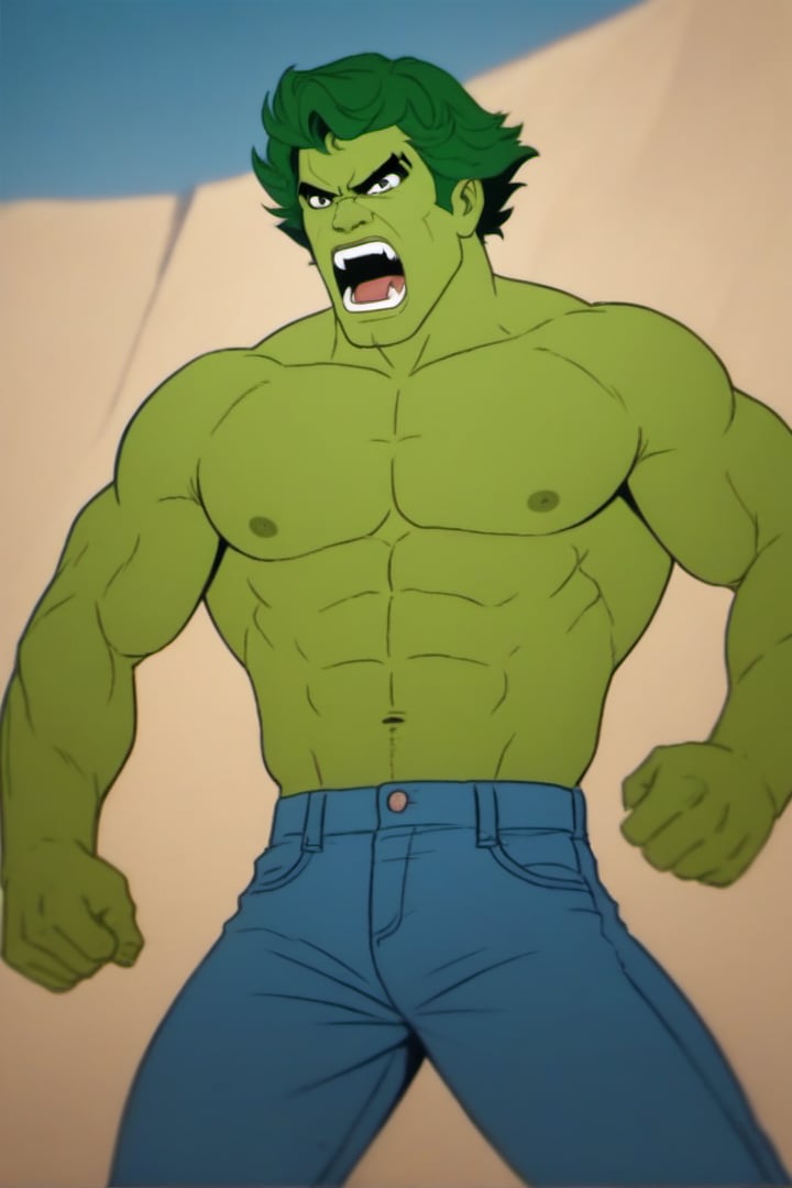 score_9,score_8_up,score_7_up, solo, 1man, hulk, dark green hair, short hair, ragged blue jeans, angry screaming, rating_safe, megaPals