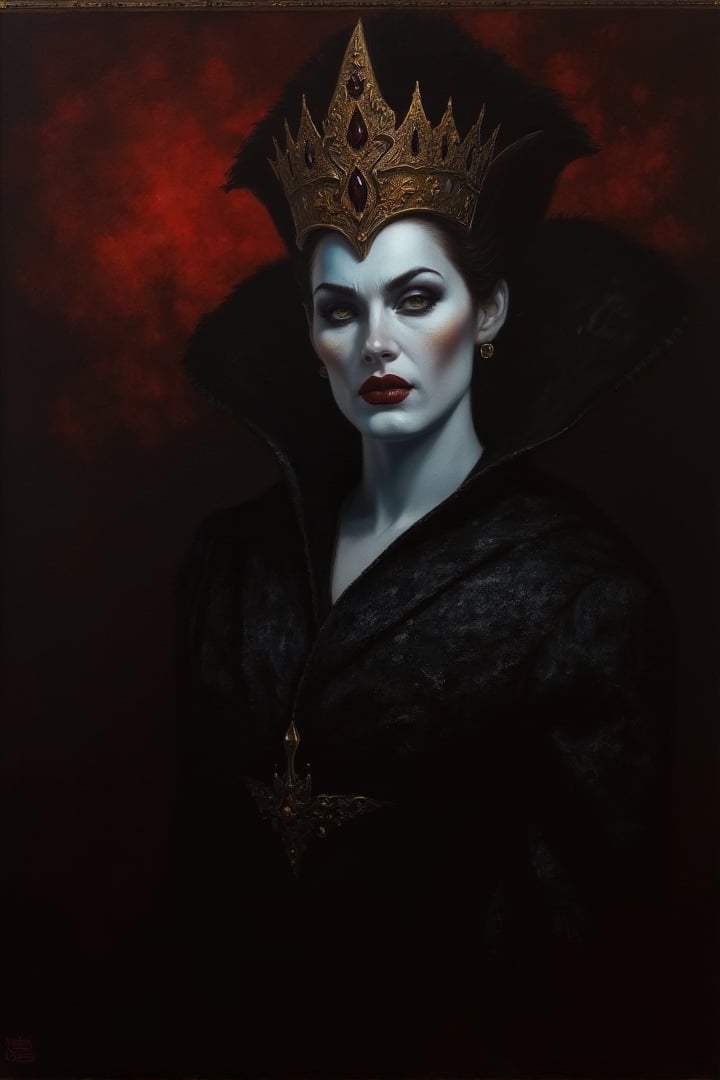 chiaroscuro painting, The evil queen, a beautiful and ruthless human monarch with a cold, calculating gaze, newhorrorfantasy_style, oil on canvas