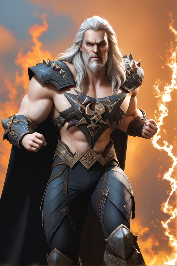 score_9,score_8_up,score_7_up, 3D fighting videogame render, 1man, old man, nordic god, long hair, white hair, white long beard , wearing black viking armor, ragged brown cape, epic pose, ragnarök in the background, burning sky above him, source_DC, rating_safe, withoutLaw,more detail XL