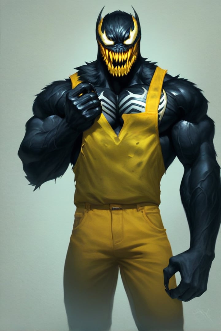 score_9,score_8_up,score_7_up, oil painting, solo, 1man, venom, wearing wolverine yellow uniform, wolverine yellow mask, wolverine claws, source_marvel, newhorrorfantasy_style, rating_safe,  oil on canvas