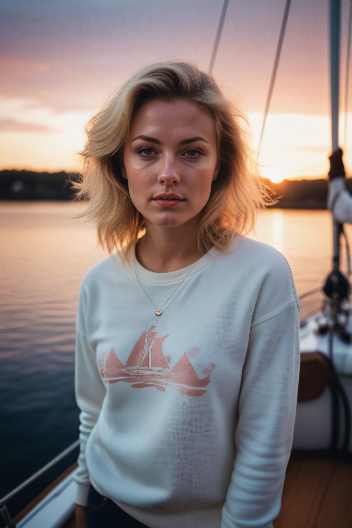RAW photo, model photo, 1woman, 36 y.o (preppy: 1.1), blonde, long hair, (small sagging natural breasts:1.1), sharp, skin pores, (freckles:0.6), wearing (a oversized vintage collegiate sweatshirt: 1.1), on a sailboat, sunset, moody, epic, gorgeous, film grain, grainy, award-winning photo, absurdres, masterpiece, studio lighting, (darkshot:1.2),,<lora:659095807385103906:1.0>