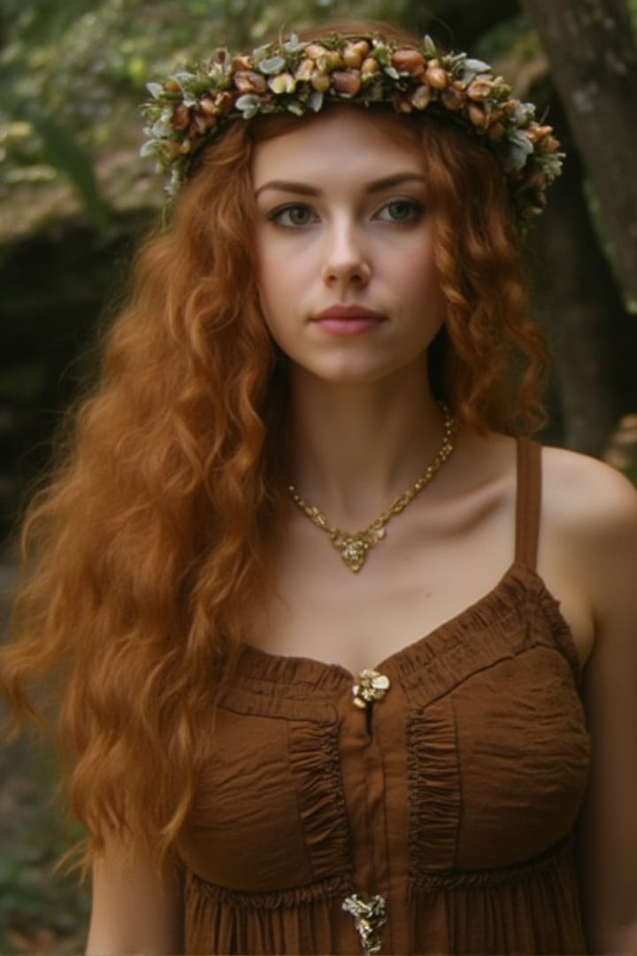 a beautiful woman, natural looking, wavy long hair, honey hair, wreath made of acorns and leaves on her head, jewelries made from nuts, wearing brown dress, enchanted forest, oldCoolNiko