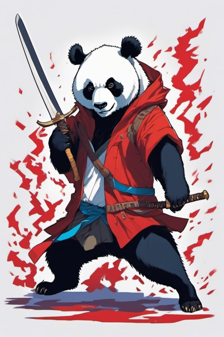 Leonardo Style, illustration, bear, 1boy, weapon on back, jacket, panda, male focus, weapon,  solo, sword, red jacket, furry, fierce, killer, ready to attack stance