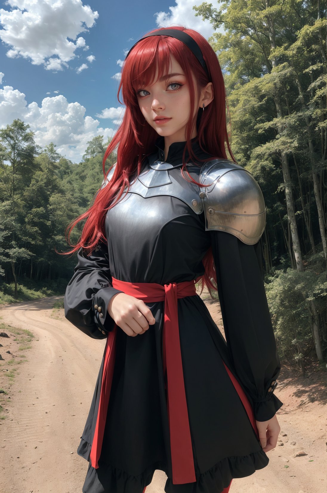 best quality, (masterpiece:1.2), detailed,,1girl, solo, closed mouth, slight smile,long hair, red hair, ahoge, red eyes, black hairband,(knight dress:1.4), brown pants, small breasts, long sleeves,standing, looking at the viewer,outdoors, forest, clouds