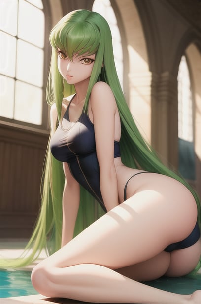 (masterpiece, best quality, ultra-detailed, best shadow, volumetric lighting), (beautiful detailed face, beautiful detailed eyes), (best illumination),c.c., code geass,green hair, very long hair, wavy hair, orange eyes, detailed eyes, medium breast, ass,ashford academy swimsuit,full body, intense angle,mksks style, beautiful background, professional lightning, indoor, pool,