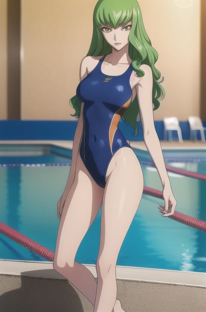 (masterpiece, best quality, ultra-detailed, best shadow, volumetric lighting), (beautiful detailed face, beautiful detailed eyes), (best illumination),c.c., code geass,green hair, very long hair, wavy hair, orange eyes, detailed eyes, medium breast, ass,ashford academy swimsuit,full body, intense angle,mksks style, beautiful background, professional lightning, indoor, pool,