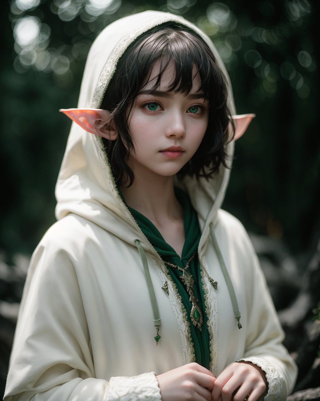 Young elf, backlit, intricate details, highly detailed, slate atmosphere, cinematic, dimmed colors, dark shot, film grain, lut, red eyes, depth blur, blurry background dof, bokeh, realistic, realistic skin, green short hair, white open coat with hoodie