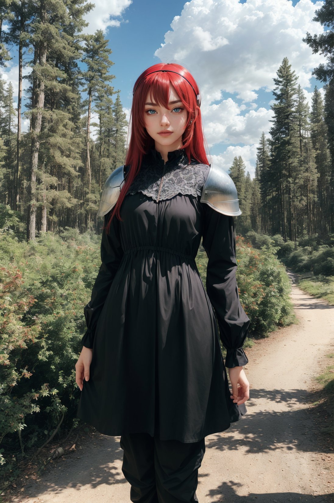 best quality, (masterpiece:1.2), detailed,,1girl, solo, closed mouth, slight smile,long hair, red hair, ahoge, red eyes, black hairband,(knight dress:1.4), brown pants, small breasts, long sleeves,standing, looking at the viewer,outdoors, forest, clouds