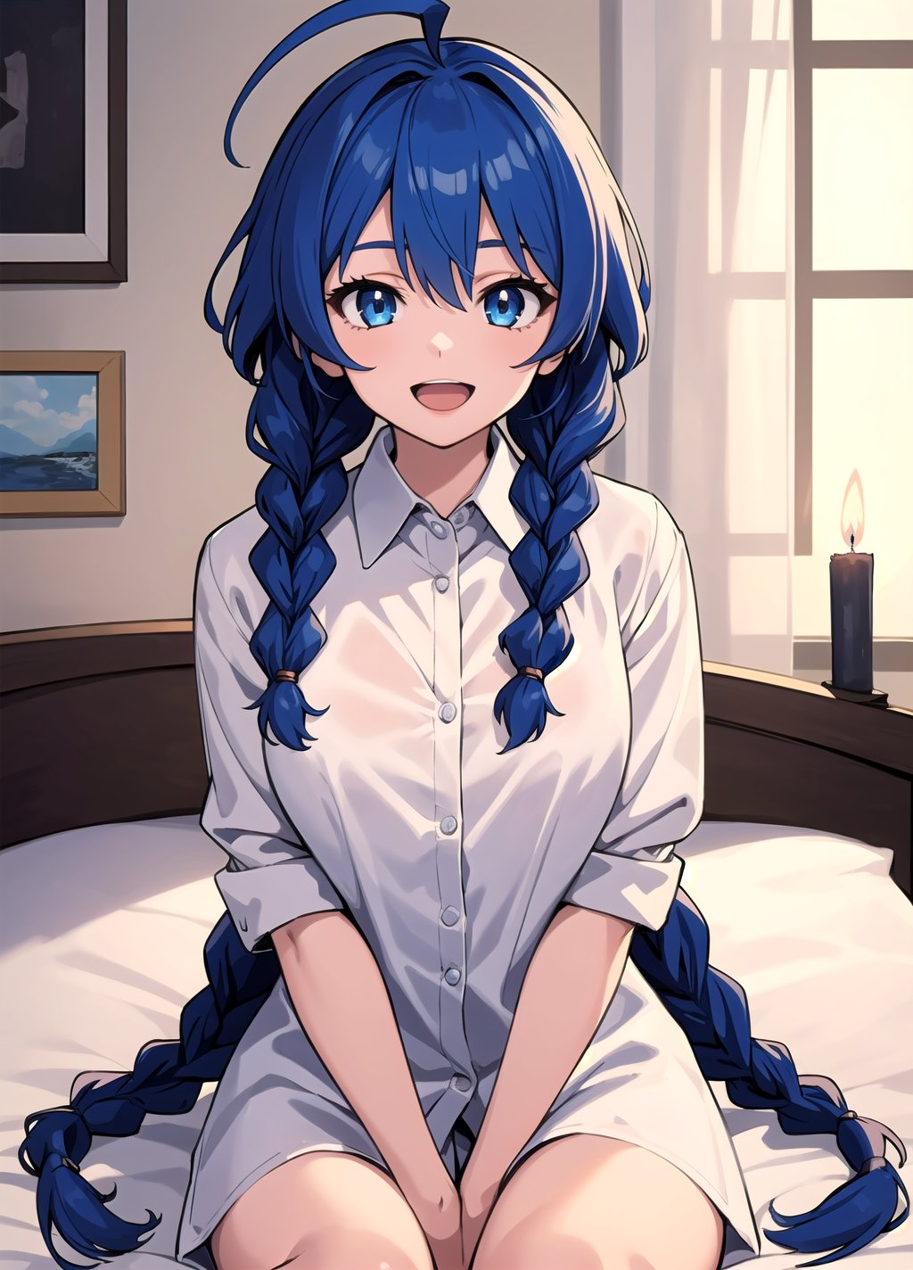 best quality, (masterpiece:1.2), detailed,1girl, solo, open mouth, light smile,twin braids, long hair, blue hair, ahoge, blue eyes,white shirt, collared shirt,sitting, on bed, looking at the viewer,indoors, candle