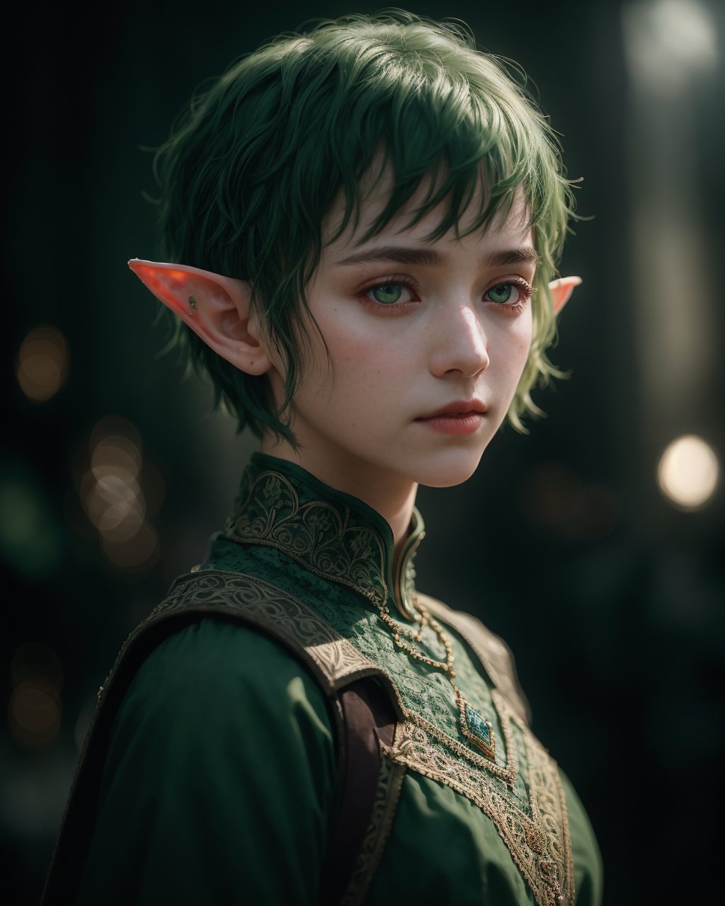 Young elf, backlit, intricate details, highly detailed, slate atmosphere, cinematic, dimmed colors, dark shot, muted colors, film grain, lut, red_eyes, depth blur, blurry background dof, bokeh, realistic, realistic skin, green short hair