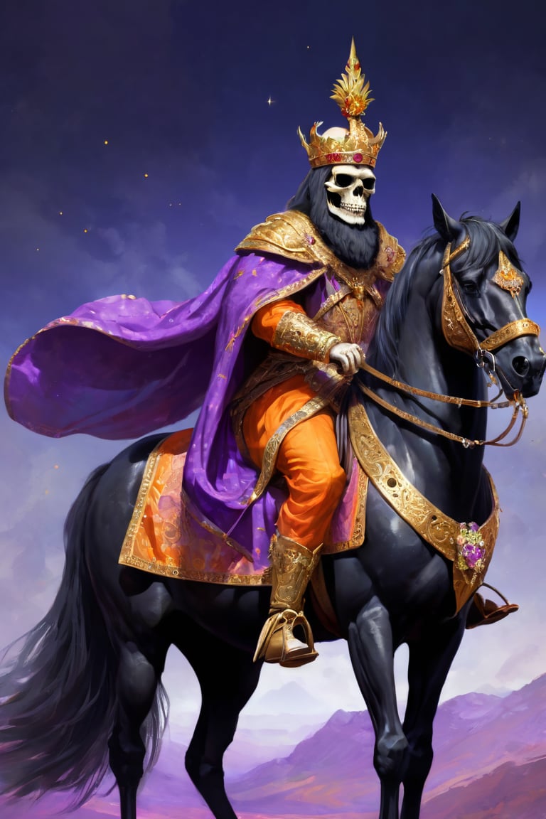 A skull headed king with a golden thorn with diamonds, wearing cloth with fur, riding a black horse,  orange violet theme