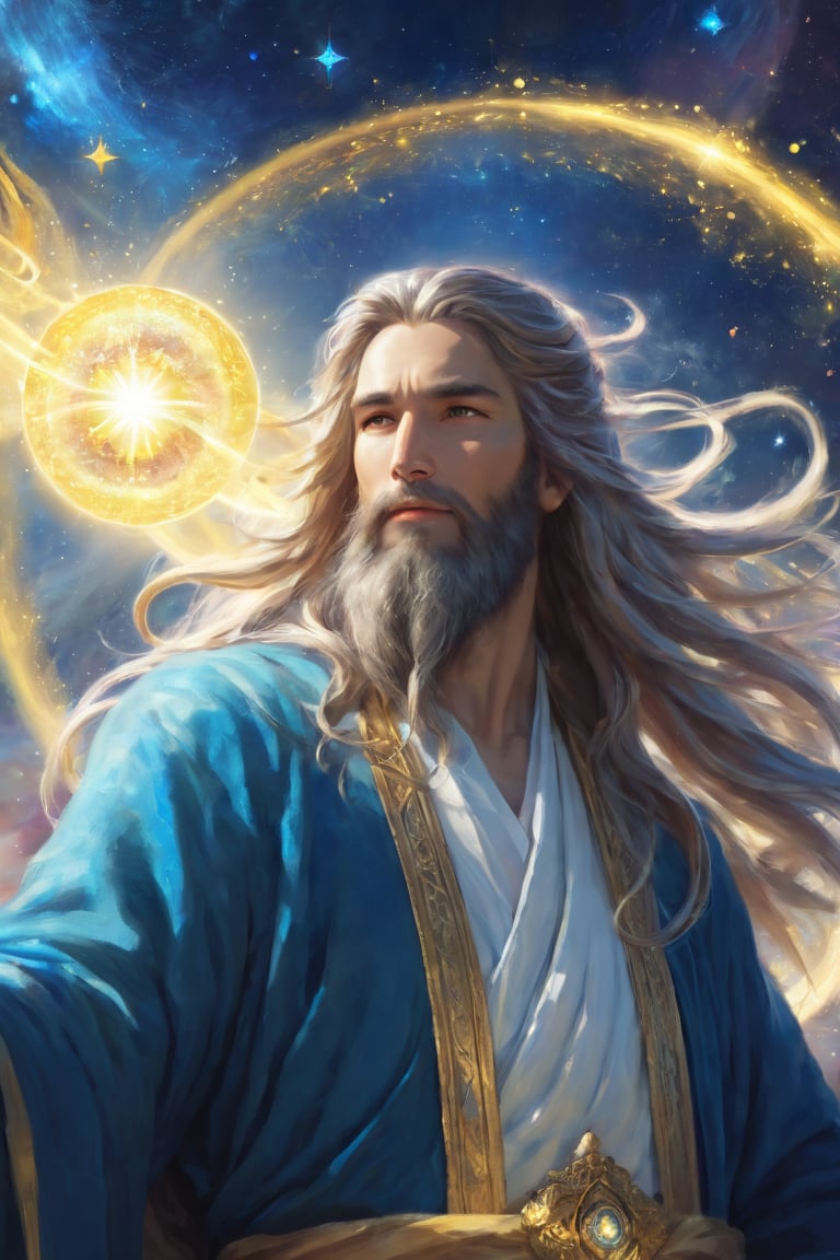 A light magical god, 35 years old man, long_hair, long beard, peaceful face, universe theme, blue yellow theme