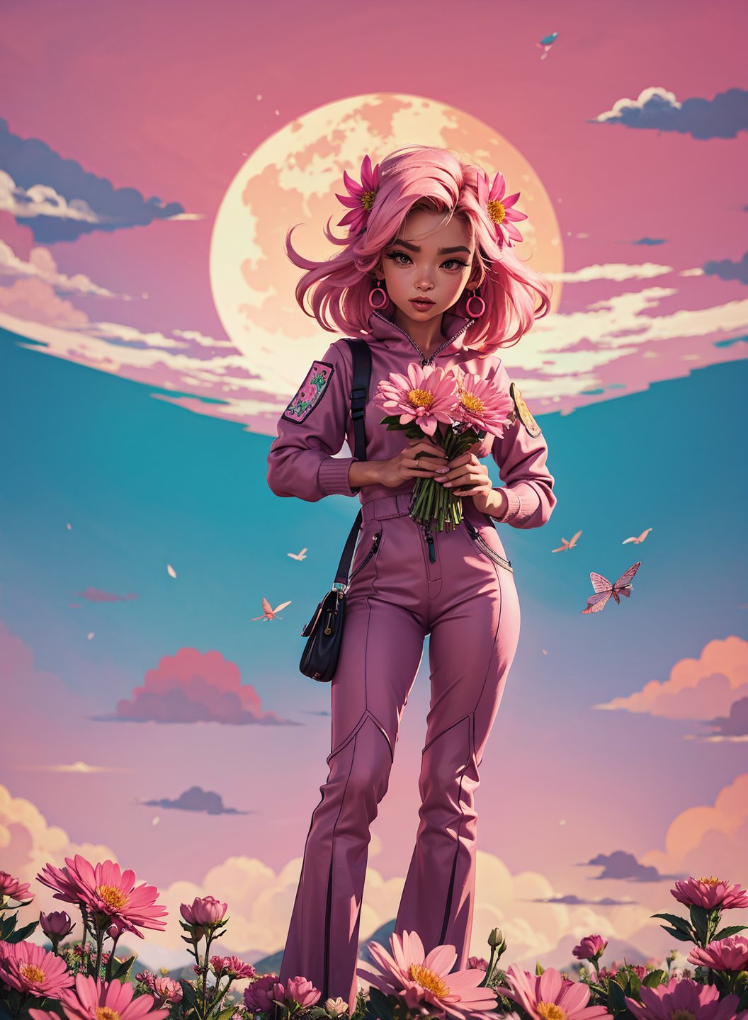 Flower on planet, pink sky, vector art
