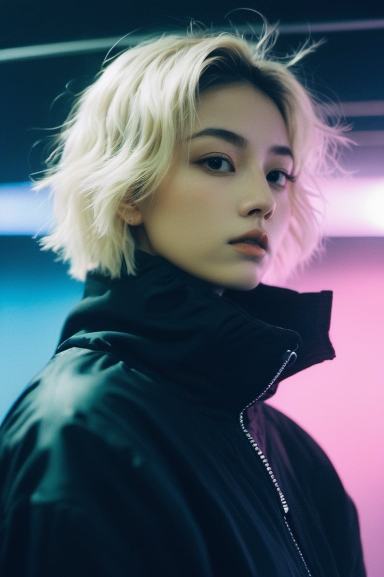 xxmix_girl,1girl, ciggerate on her mouth,fluffy short hair,dark theme,blonde hair,messy hair,film grain,fog,black thememTyndall,vaporwave style