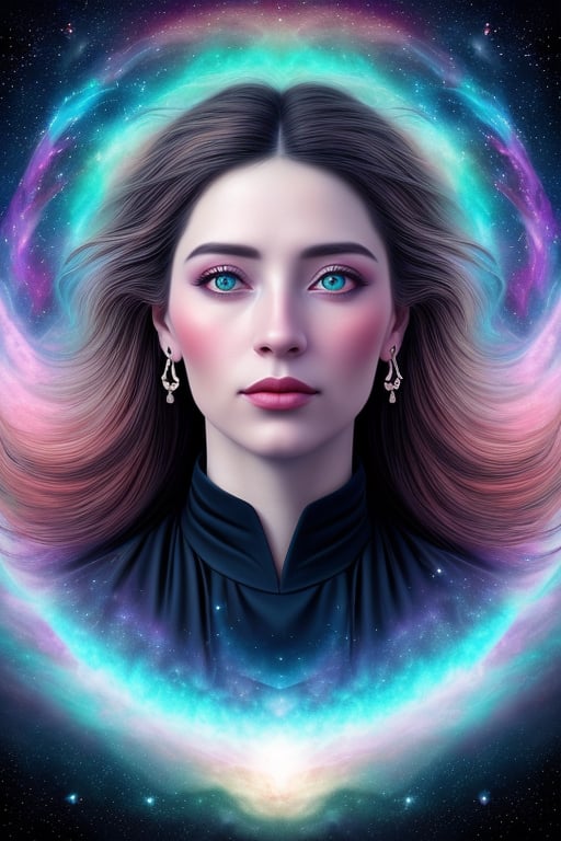 A stunning woman with angelic features, attractive face, blue eyes, adorned in flowing celestial robes.
Medium: Hyper-realistic digital painting with intricate details.
Composition: Full-body portrait, capturing her in mid-flight with elegant wings gracefully extended.
Environment: The vast expanse of the cosmos, filled with mesmerizing nebulae and distant galaxies.
Lighting: Soft, ethereal light emanating from her being, casting gentle glows on her surroundings.
Colors: A celestial palette with shimmering blues, purples, and pinks, evoking the cosmic beauty.
Mood: Majestic and awe-inspiring, conveying a sense of serenity and divine grace.