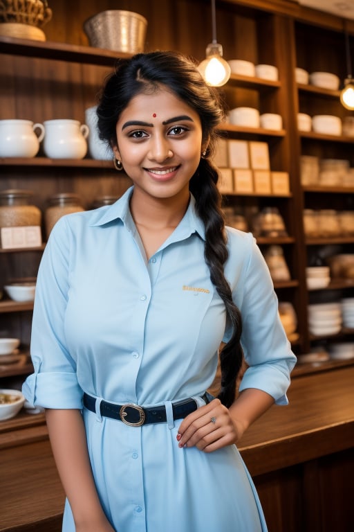 RAW photo, a amateur full body photo of 24 y.o indian girl in braids,seductive smile,perfect teeth, a perfect face shape,  light blue eyes, extremely detailed eyes, realistic eyeballs, seller uniform, big breasts, standing in the tea shop, 8k uhd, high quality, film grain, Fujifilm XT3