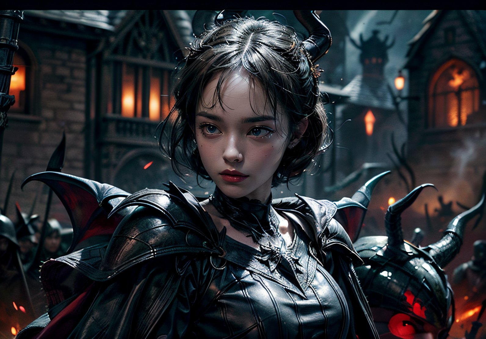 masterpiece, best quality, ultra detailed, detailedface, 4k, a girl in armor holding a sword with blood in her face in battle field, maleficent, dark theme, full_body, 