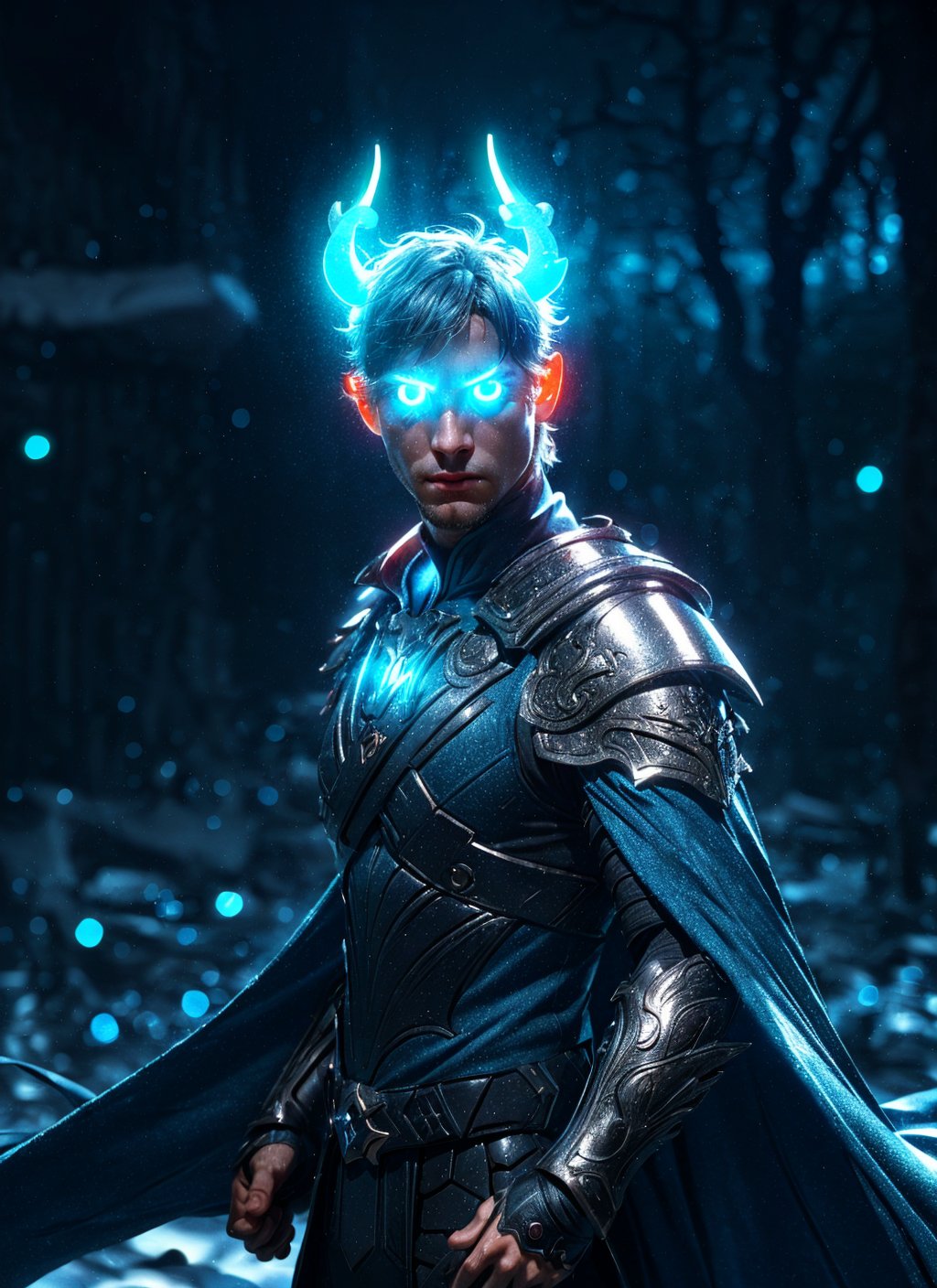 black bullborn, solo, blue eyes, male, upper body, male focus, horns, cape, armor, glowing, glowing eyes, volumetrics dtx, (film grain, blurry background, blurry foreground, bokeh, depth of field, motion blur, realistic:1.3), ((masterpiece, best quality)), art by greg rutkowski,3DMM,SAM YANG