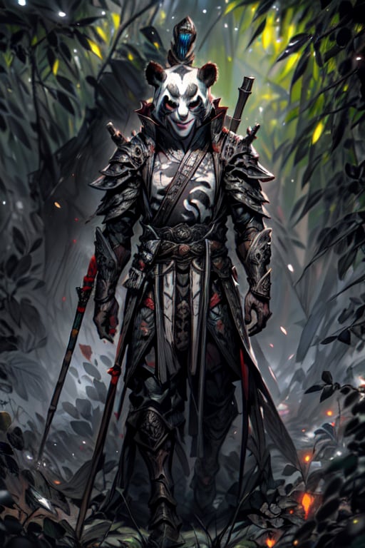 masterpiece, best quality, ultra-detailed, weapon, no_humans, animal panda, 1male, smile, scar in the face accross eye, bamboo  forest background, green armor, blurry_foreground, full body, drow, bokeh, weapons