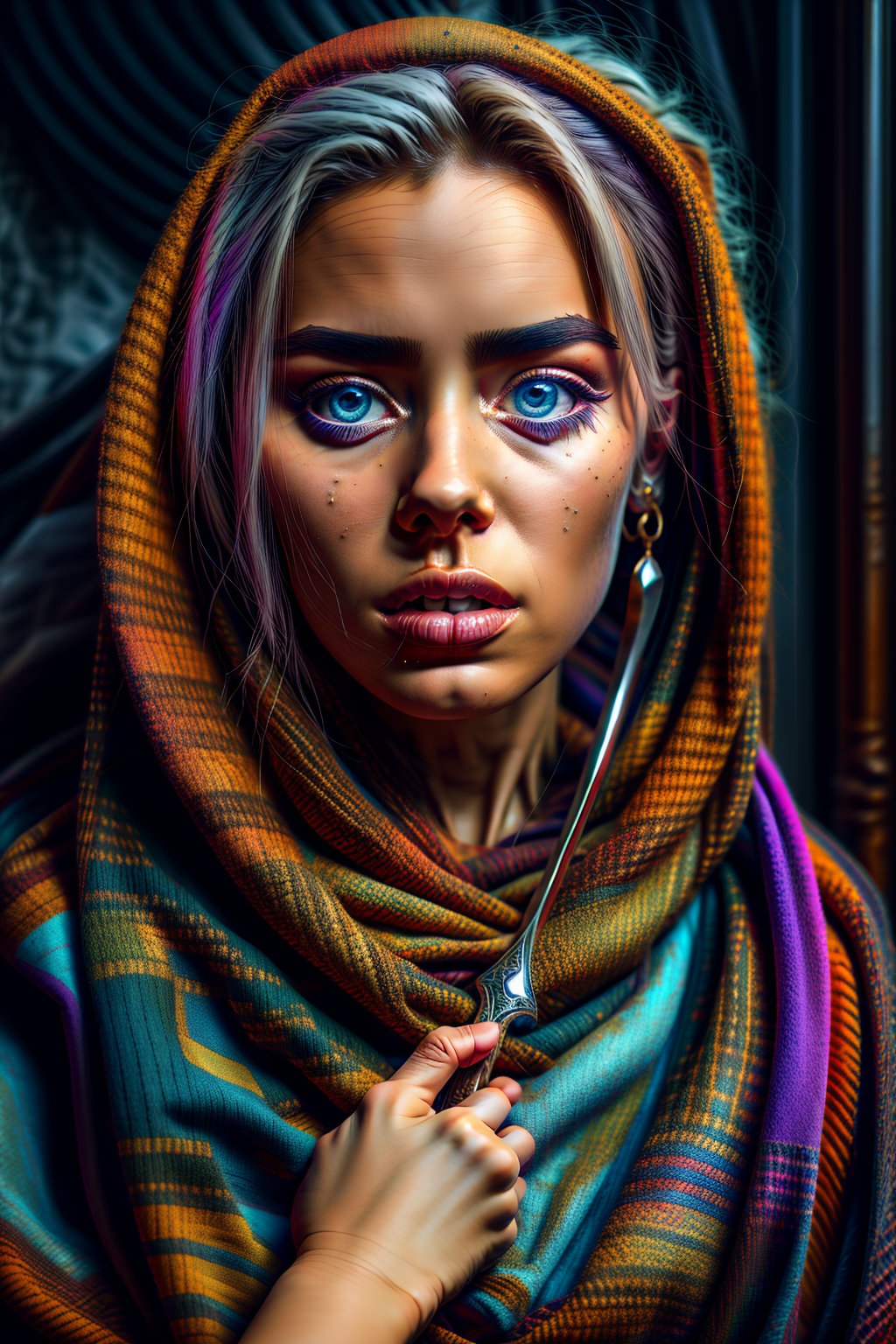 arabic girl wearing a braided pasmina, holding damascus knife with mouth, red pasmina, blue eyes, medium shoot, soft light, dark door background, ultra-realistic, grey hair, nose ring, parted lips, big earrings, tan skin, mean look, beautiful face, Realism
