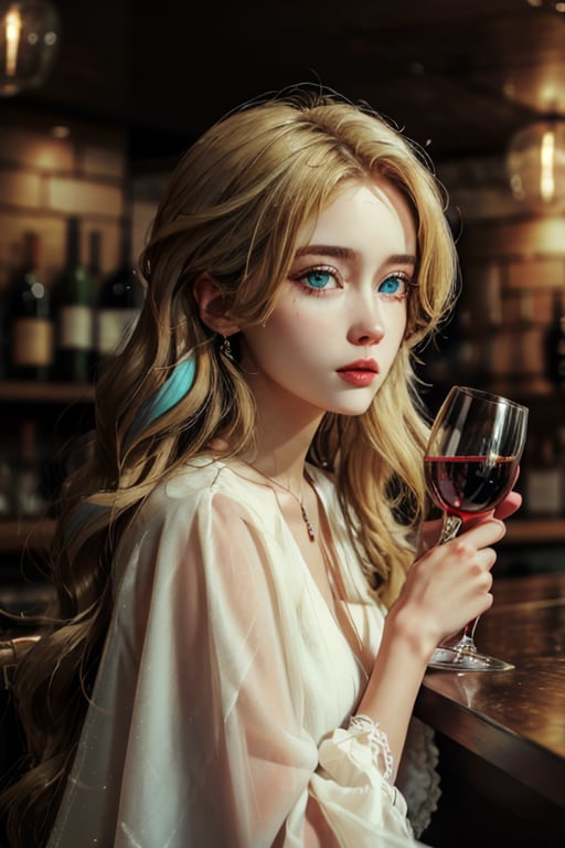 a woman sitting in the bar holding a glass of wine with saddness in her face, (long hair, blue eyes, blonde hair color:1,4), bar background with people talking, british woman, masterpiece, detailed eyes, long shot, side shot, see through, wearing a dress, perfecteyes, Detailedface, night theme, full_body