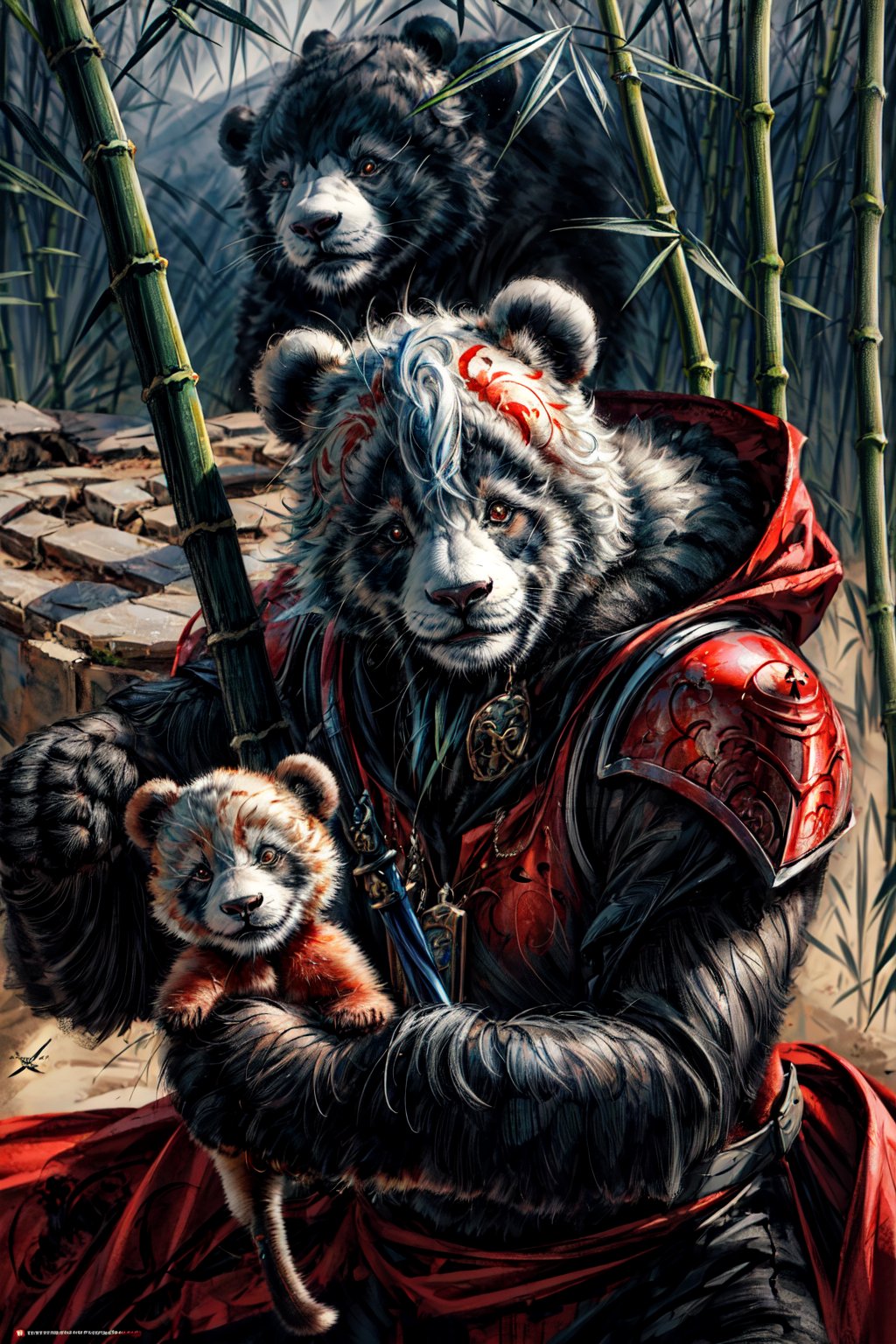 masterpiece, best quality, ultra-detailed, weapon, no_humans, animal panda, holding a spear, 1male, smile, scar in the face accross eye, bamboo  background, red armor, blurry_foreground, full body, drow,Wlop