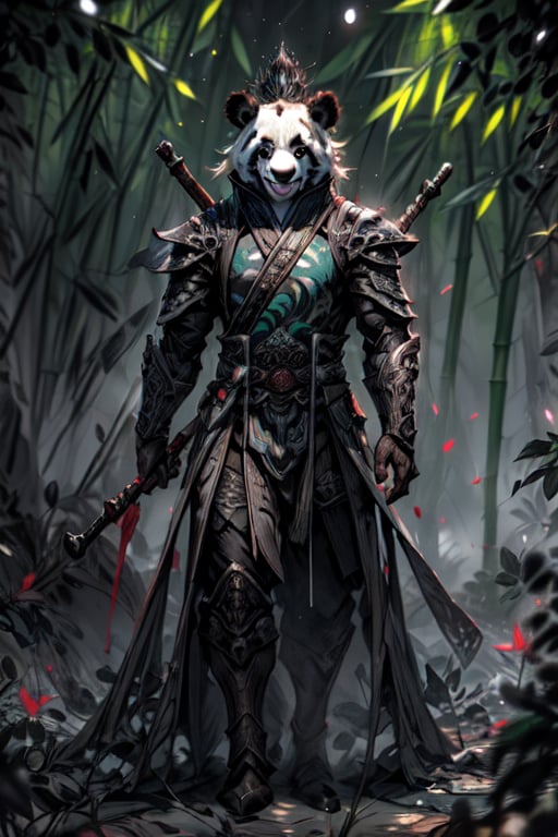 masterpiece, best quality, ultra-detailed, weapon, no_humans, animal panda, 1male, smile, scar in the face accross eye, bamboo  forest background, green armor, blurry_foreground, full body, drow, bokeh, weapons