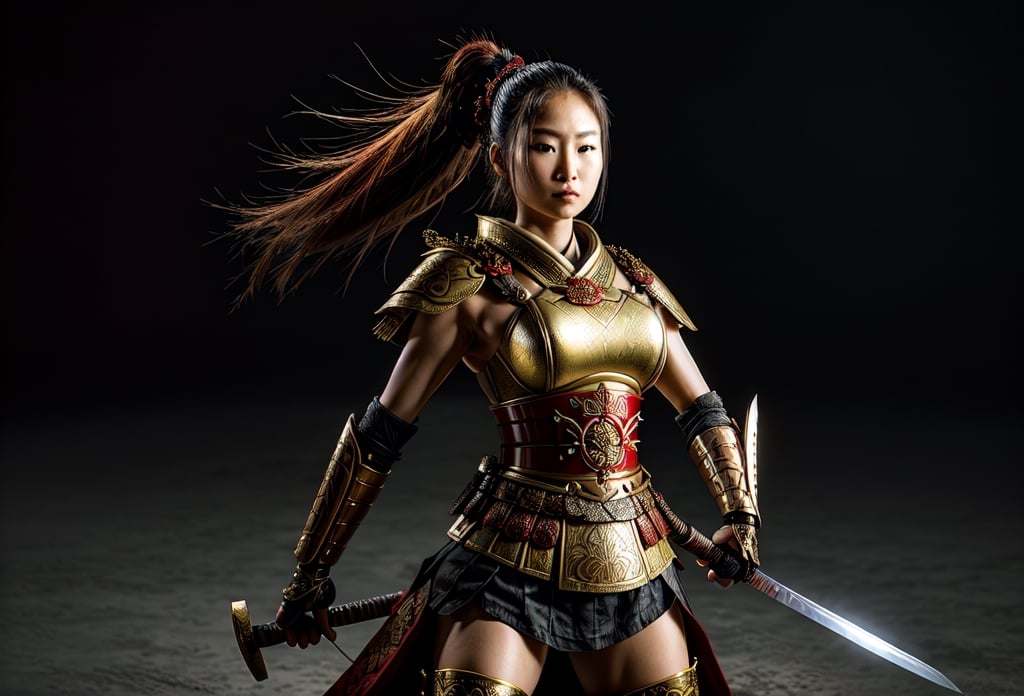 Produce a captivating wallpaper with a full-body portrayal of a female Samurai warrior exuding strength and grace. She stands confidently in ornate armor, her katana held firmly, a symbol of her readiness for combat. The background should envelop her in an atmosphere of mystery and intensity, setting the stage for an epic battle.