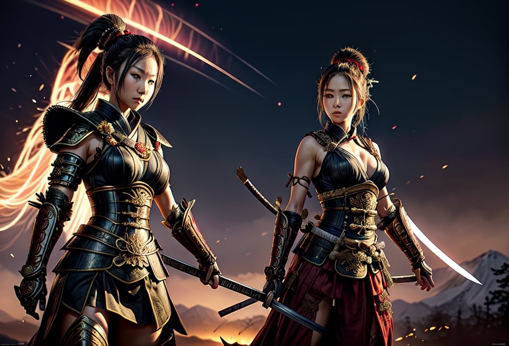 Produce a captivating wallpaper with a full-body portrayal of a female Samurai warrior exuding strength and grace. She stands confidently in ornate armor, her katana held firmly, a symbol of her readiness for combat. The background should envelop her in an atmosphere of mystery and intensity, setting the stage for an epic battle.