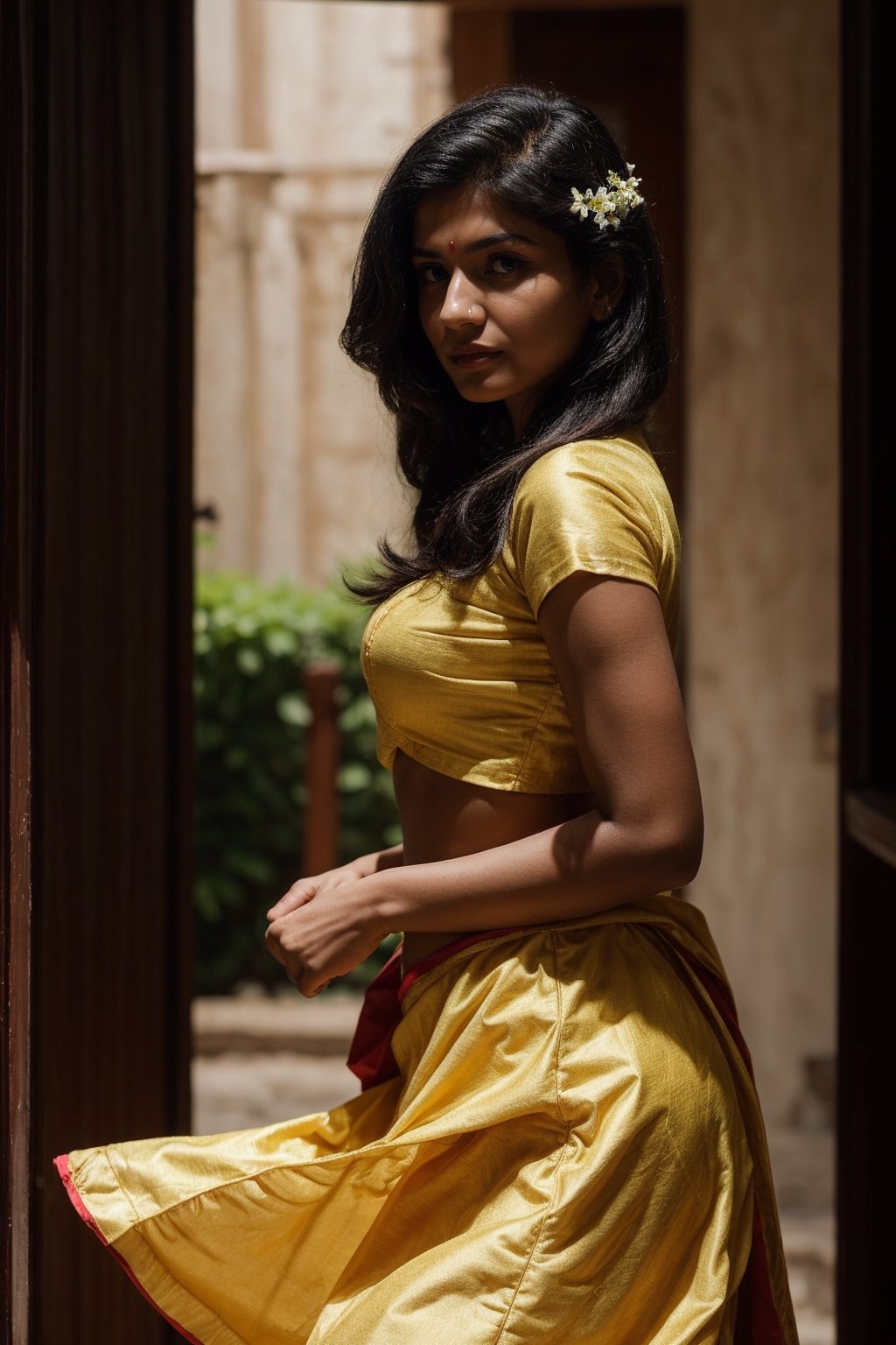 indian women ,age35, busty brest, cury body , wearin petticoat , waiting for her hasbund , flowers decorated,sharp focus, soft light , ,bright light ,16k,perfect split lighting